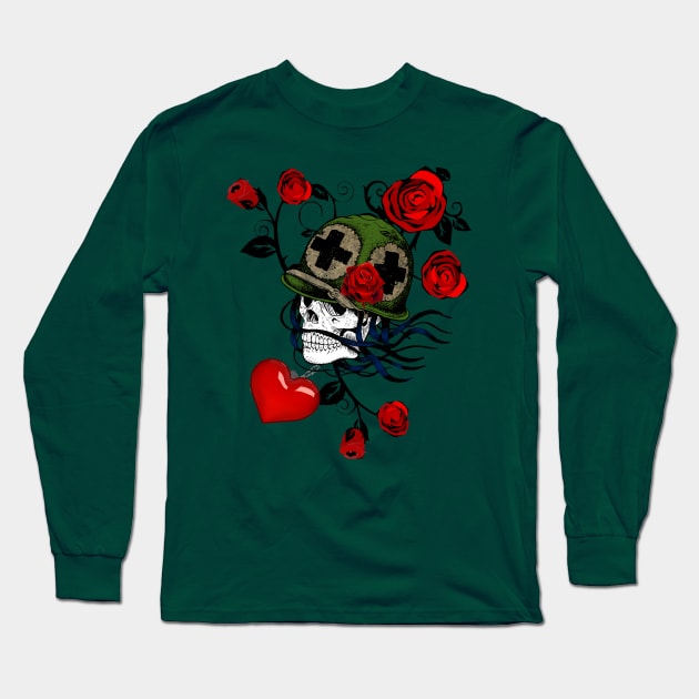 tattoo style skull with roses Long Sleeve T-Shirt by Love My..